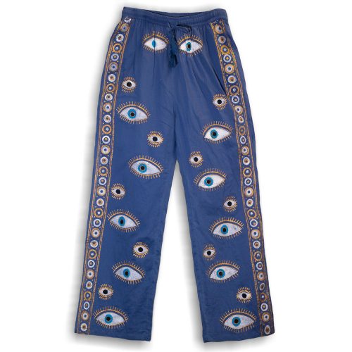 Indiai kézműves pamut nadrág - L-XL méret - kék arany szemekkel - Nomad Sari