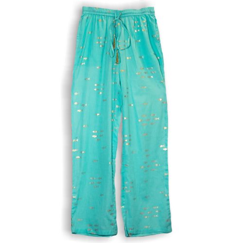 Indiai kézműves pamut nadrág - L-XL méret - türkiz arany halakkal - Nomad Sari