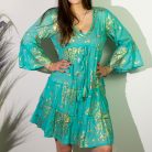 Indiai kézműves pamut strandruha - L-XL méret - türkiz arany korál - Nomad Sari