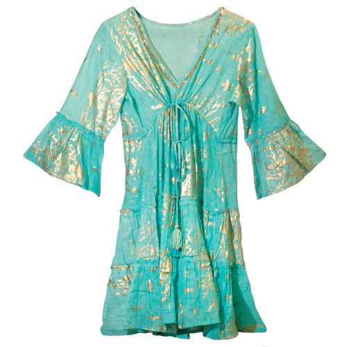 Indiai kézműves pamut strandruha - L-XL méret - türkiz arany korál - Nomad Sari