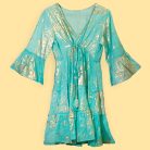 Indiai kézműves pamut strandruha - L-XL méret - türkiz arany korál - Nomad Sari