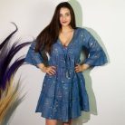 Indiai kézműves pamut strandruha - M-L méret - tengerkék arany halakkal - Nomad Sari