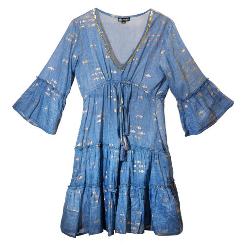 Indiai kézműves pamut strandruha - L-XL méret - tengerkék arany halakkal - Nomad Sari