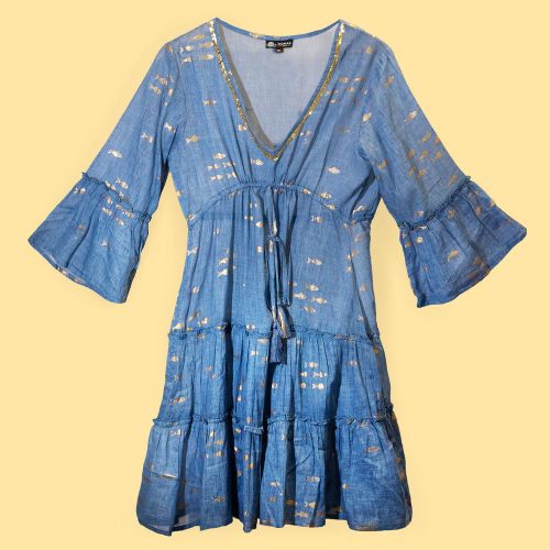 Indiai kézműves pamut strandruha - L-XL méret - tengerkék arany halakkal - Nomad Sari