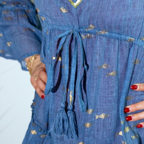 Indiai kézműves pamut strandruha - L-XL méret - tengerkék arany halakkal - Nomad Sari