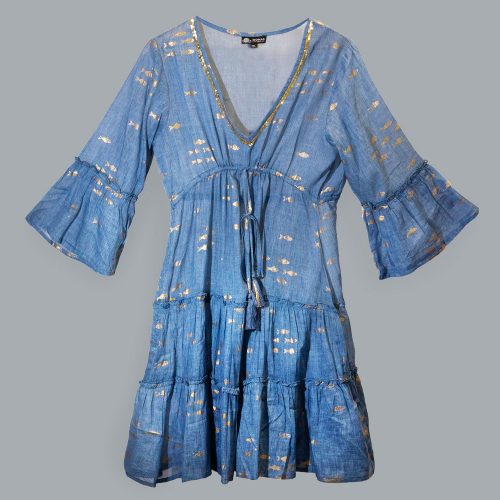 Indiai kézműves pamut strandruha - L-XL méret - tengerkék arany halakkal - Nomad Sari