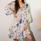 Indiai kézműves pamut strandruha - M-L méret - fehér kék arany szemekkel - Nomad Sari