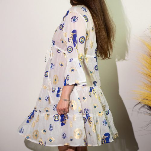 Indiai kézműves pamut strandruha - M-L méret - fehér kék arany szemekkel - Nomad Sari