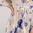Indiai kézműves pamut strandruha - M-L méret - fehér kék arany szemekkel - Nomad Sari