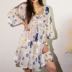   Indiai kézműves pamut strandruha - L-XL méret - fehér kék arany szemekkel - Nomad Sari