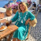Indiai kézműves pamut ruha - M-L méret - türkiz, fehér hímzéssel és bojtokkal - Nomad Sari