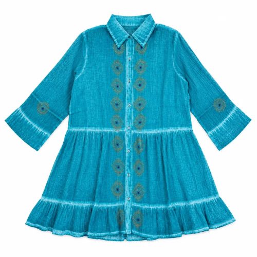 Indiai kézműves pamut tunika - M-L méret - türkiz, nyomtatott mintával - Nomad Sari