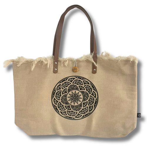 Indiai kézműves vászontáska bőr fülekkel - MANDALA - 54x34x24 cm