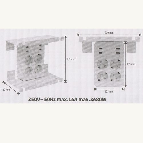 Fali elosztó tálcával - 4 földelt + 4 USB aljzat - 230V 16A 3680W -  HOME