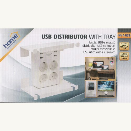 Fali elosztó tálcával - 4 földelt + 4 USB aljzat - 230V 16A 3680W -  HOME