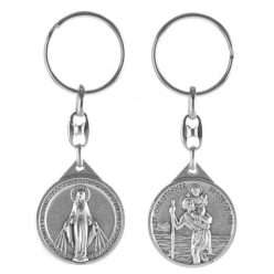   Kulcstartó - Szent Kristóf-Csodás Mária - kerek, ezüst-oxid - 8,5 cm