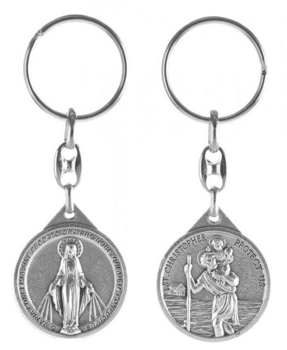 Kulcstartó - Szent Kristóf-Csodás Mária - kerek, ezüst-oxid - 8,5 cm