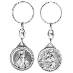   Kulcstartó - Szent Kristóf-Csodás Mária - kerek, ezüst-nikkel - 8,5 cm