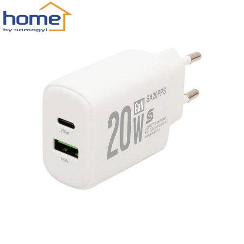 Hálózati USB gyorstöltő - USB-A + USB-C 20 W GaN - HOME
