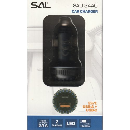Autós szivargyújtós töltő - 2xUSB aljzattal - 12-24V 48W 3,4A - SAL