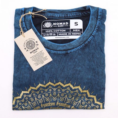 Kőmosott pamut póló - MANDALA - kék - S méret - NOMAD SARI