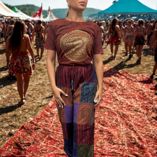 Kőmosott pamut póló - MANDALA - barna - L méret - NOMAD SARI