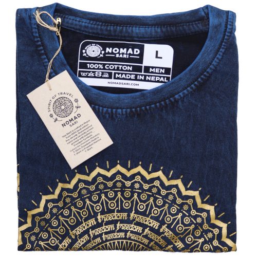 Kőmosott pamut póló - MANDALA - kék - L méret - NOMAD SARI
