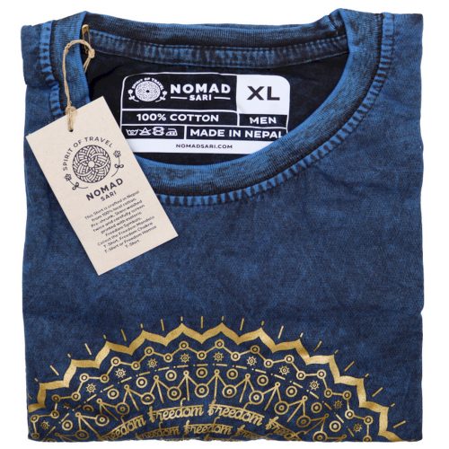Kőmosott pamut póló - MANDALA - kék - XL méret - NOMAD SARI