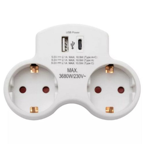 2+2 fali elosztó - 2.1A USB töltő 250V 16A 3680W -  HOME