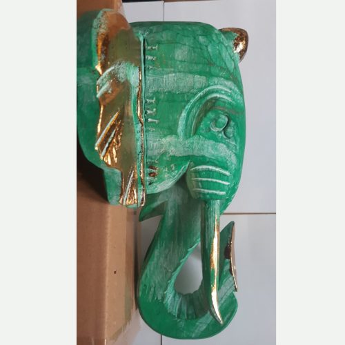 Kézműves fa elefánt fej - türkiz-arany, 29x26 cm