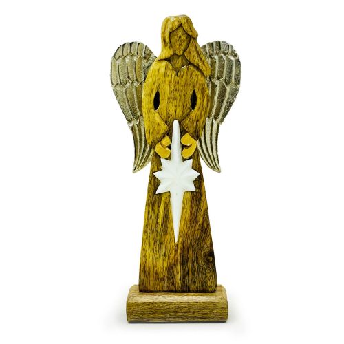 Kézműves fa angyal szobor, fém szárnyakkal 30 cm - BÉKE