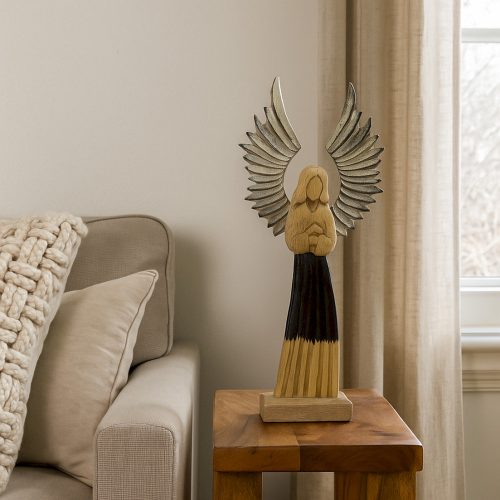 Kézműves fa angyal szobor, fém szárnyakkal 40 cm - ŐRZŐ